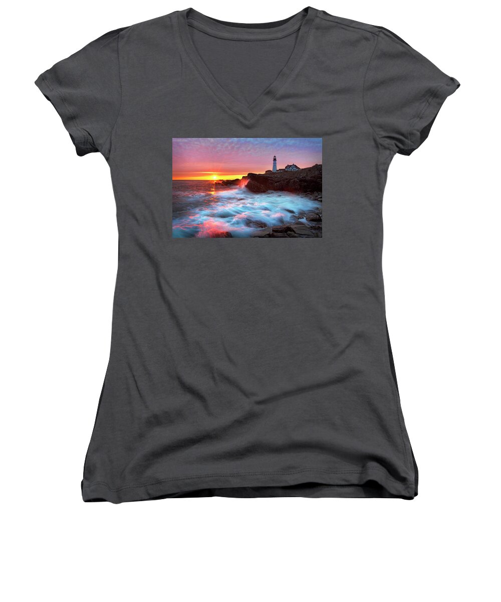Portland Head Lighthouse Women's V-Neck featuring the photograph Portland Head Sunrise by Eric Gendron