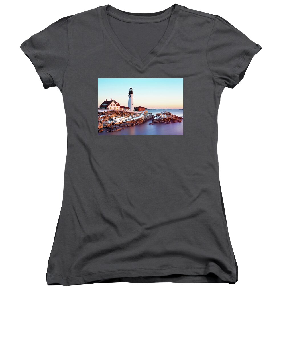 Portland Head Women's V-Neck featuring the photograph Portland Head Winter Sunrise by Eric Gendron