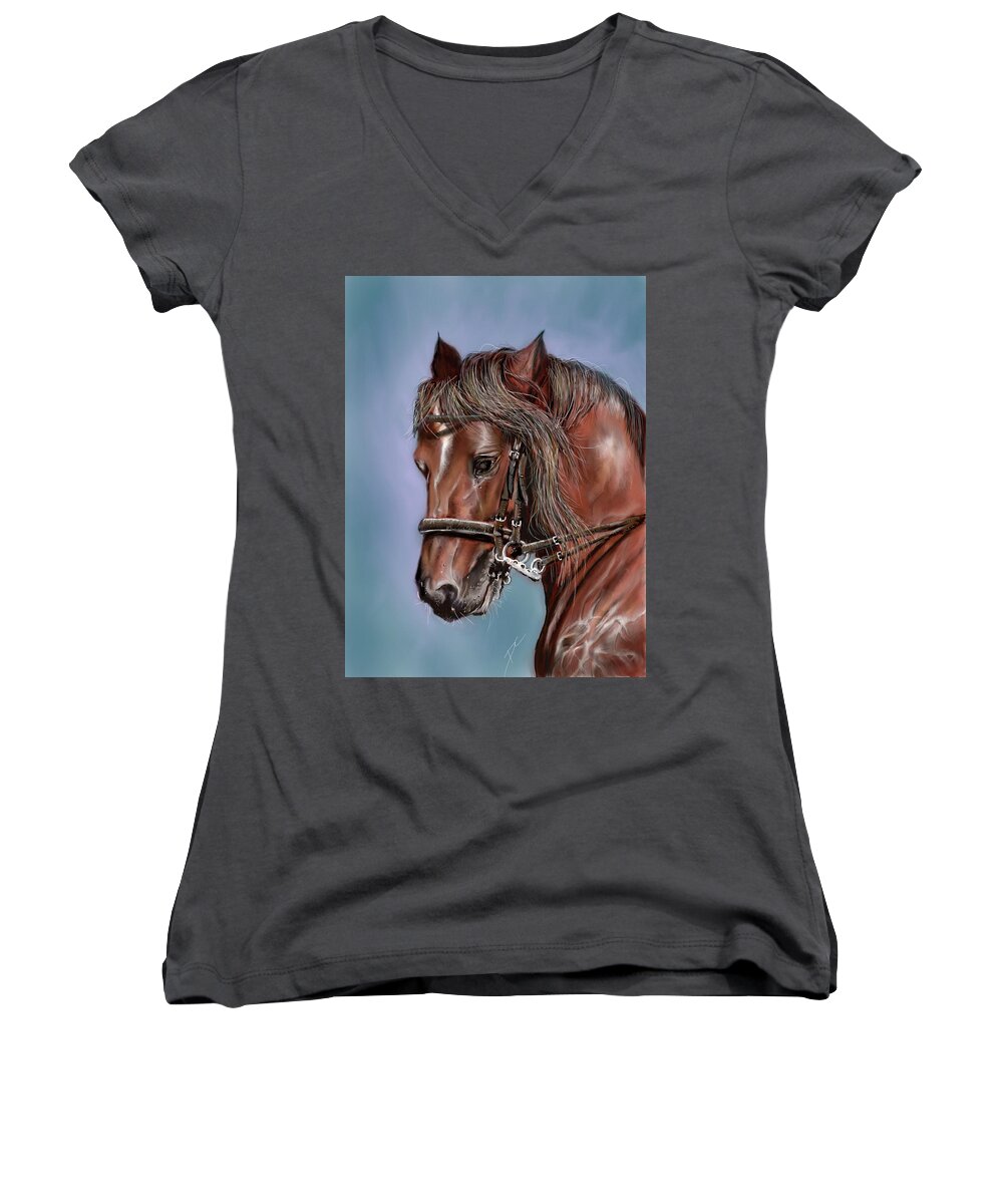 Horse Women's V-Neck featuring the digital art Power in a horse by Darren Cannell