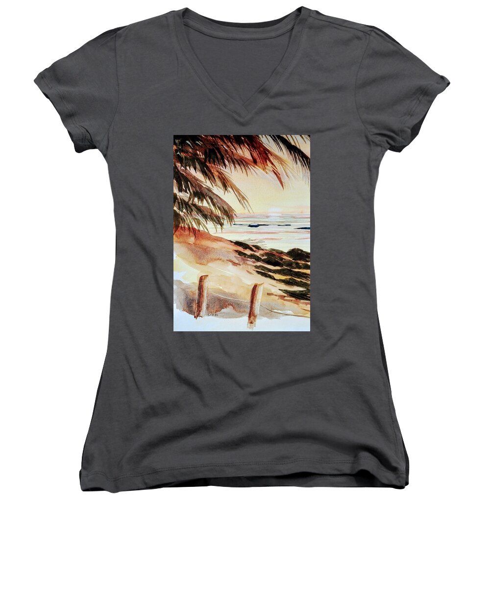 Seascape Women's V-Neck featuring the painting Praia Zavial by Sandie Croft