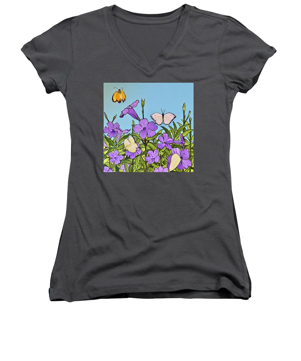 Flowers Women's V-Neck featuring the painting Primrose and Butterflies by Sonja Jones