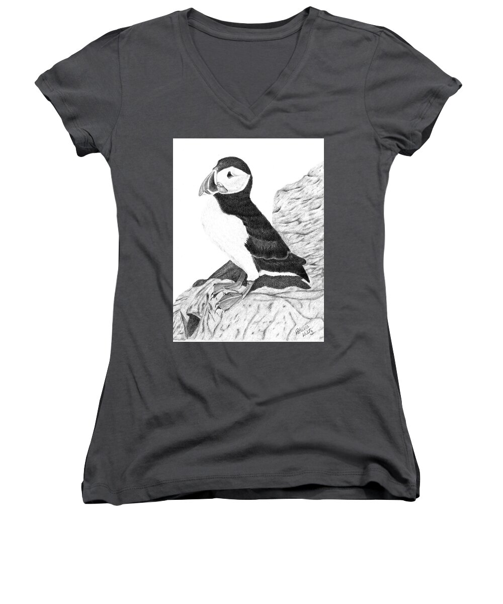 Puffins Women's V-Neck featuring the drawing Puffin by Patricia Hiltz