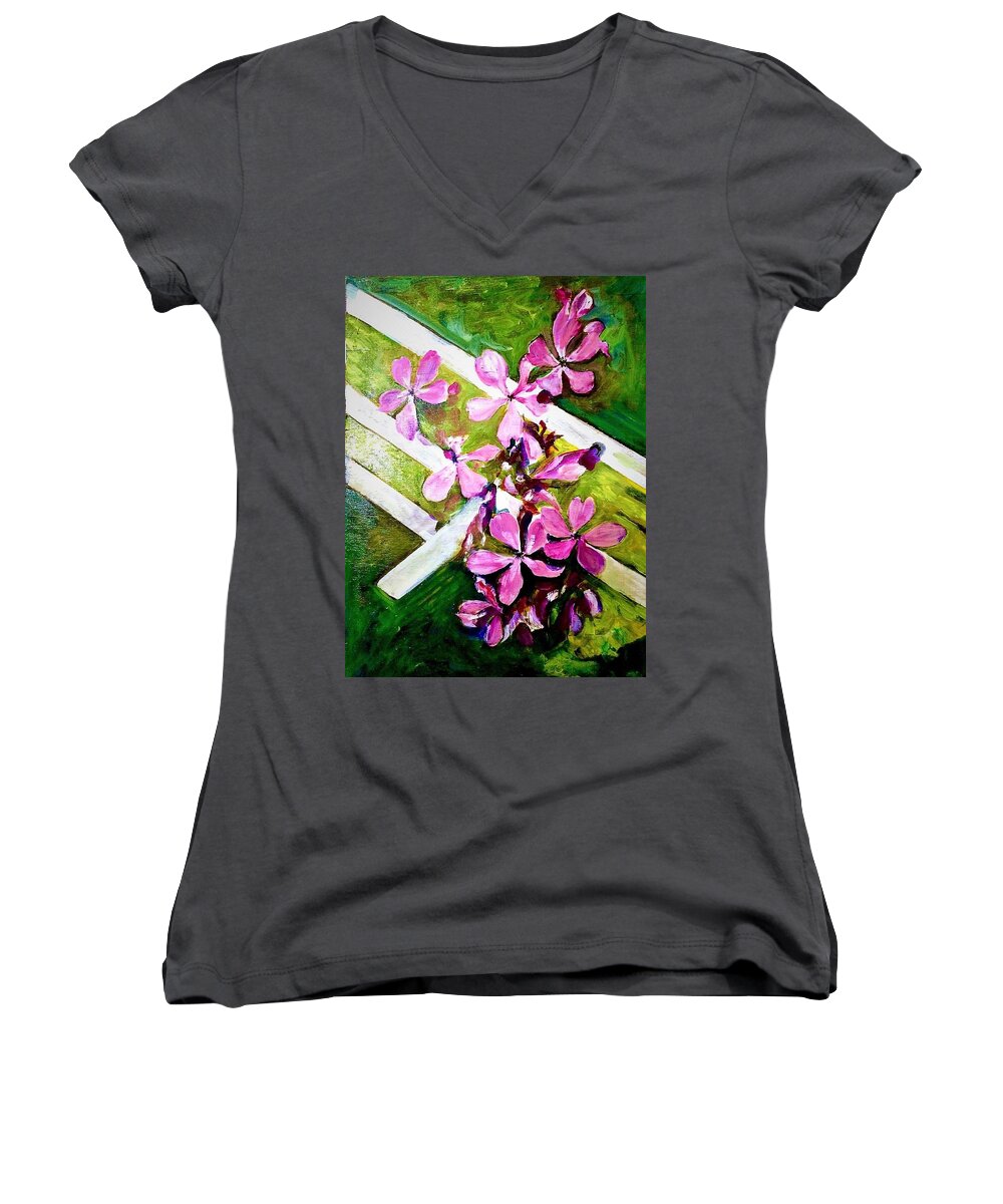 Flower Women's V-Neck featuring the painting Purple delight by Khalid Saeed