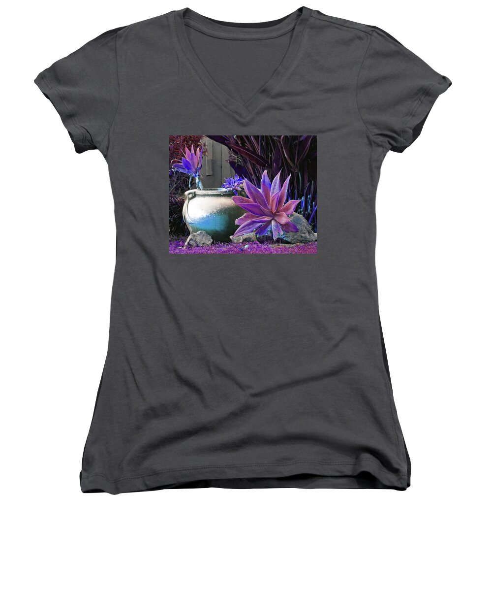 Agave Women's V-Neck featuring the photograph Purple Plants and Planter by Andrew Lawrence