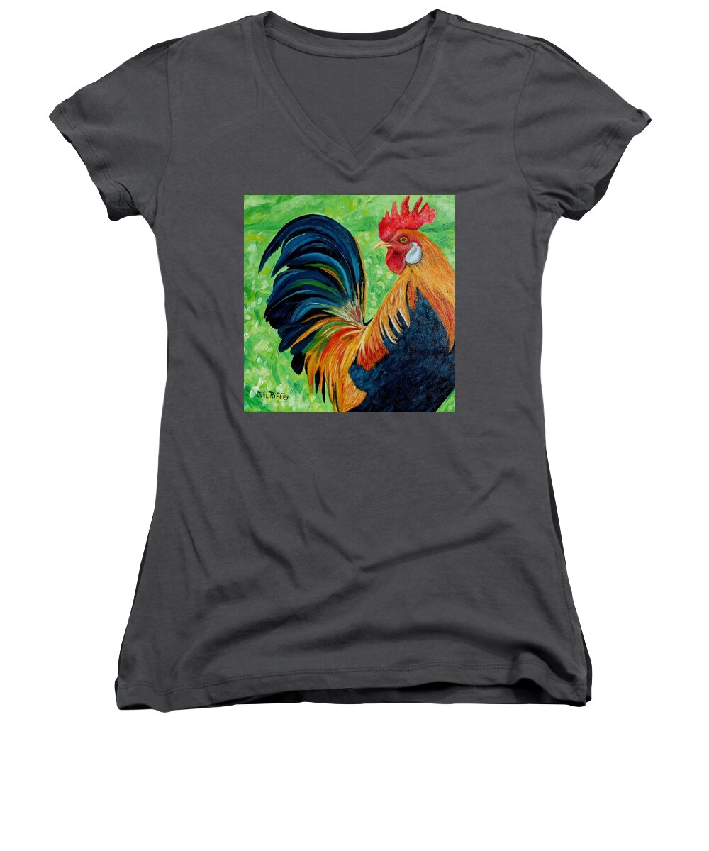 Rooster Women's V-Neck featuring the painting Rakish Redhead by Julie Brugh Riffey