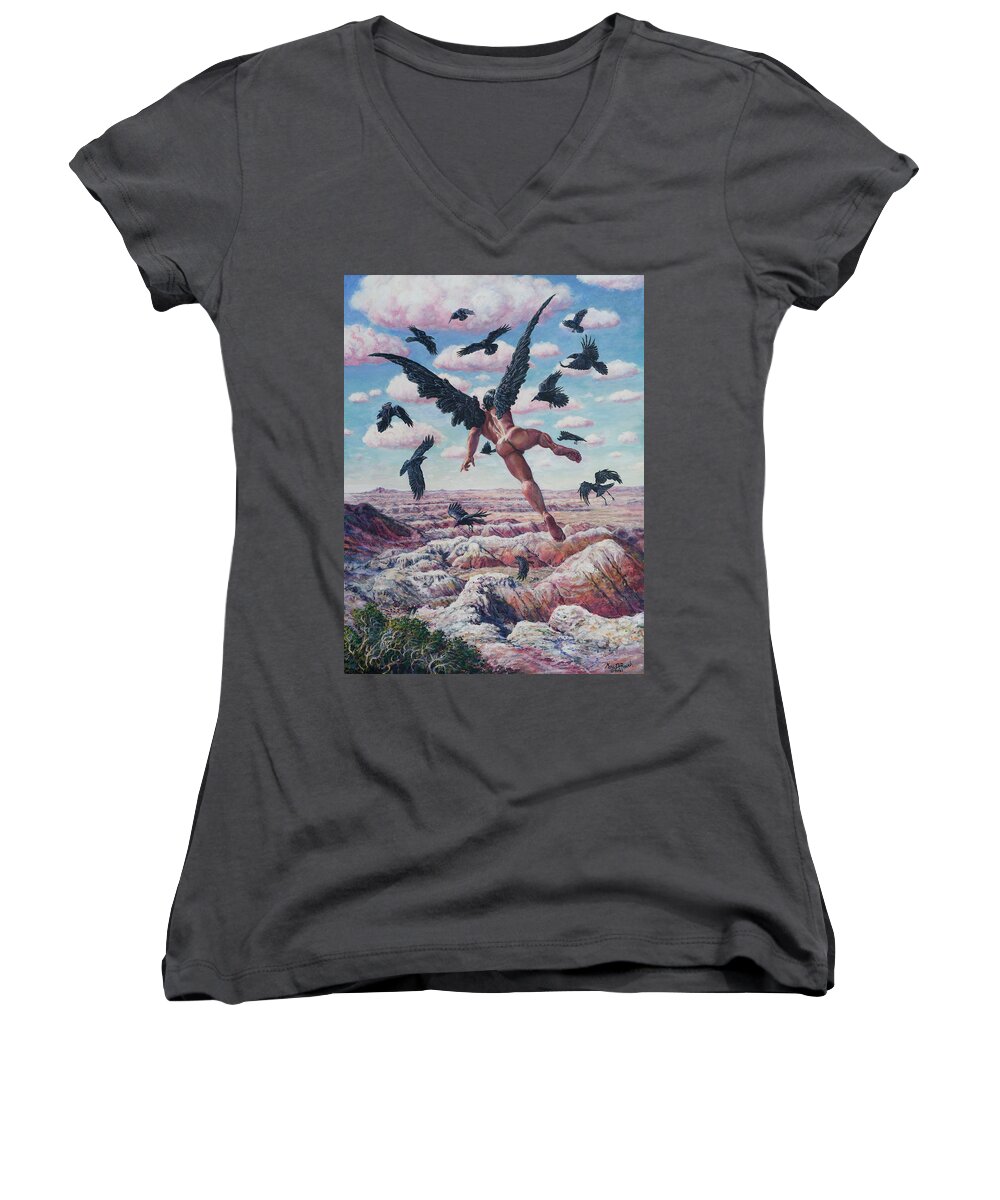 Raven Women's V-Neck featuring the painting Raven Master by Marc DeBauch
