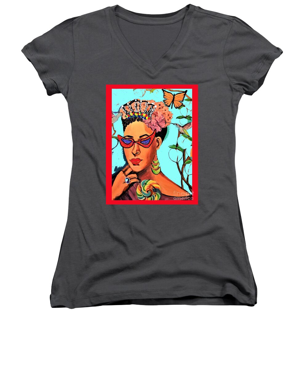 Red Cat Women's V-Neck featuring the mixed media Sweet Red Cats Queen 4U2 by Ecinja Art Works