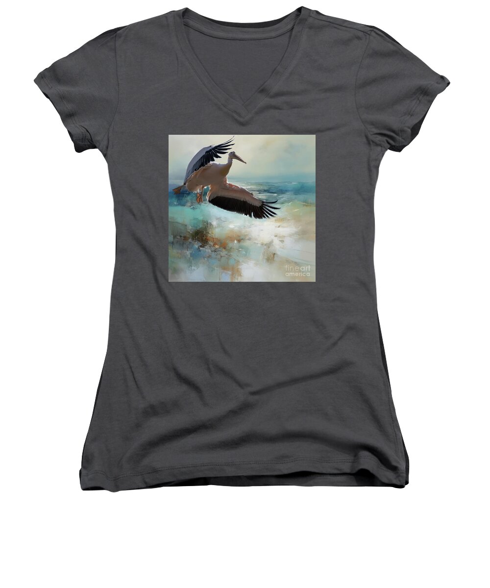 Great White Pelican Women's V-Neck featuring the photograph Rosy Pelican in Flight by Eva Lechner