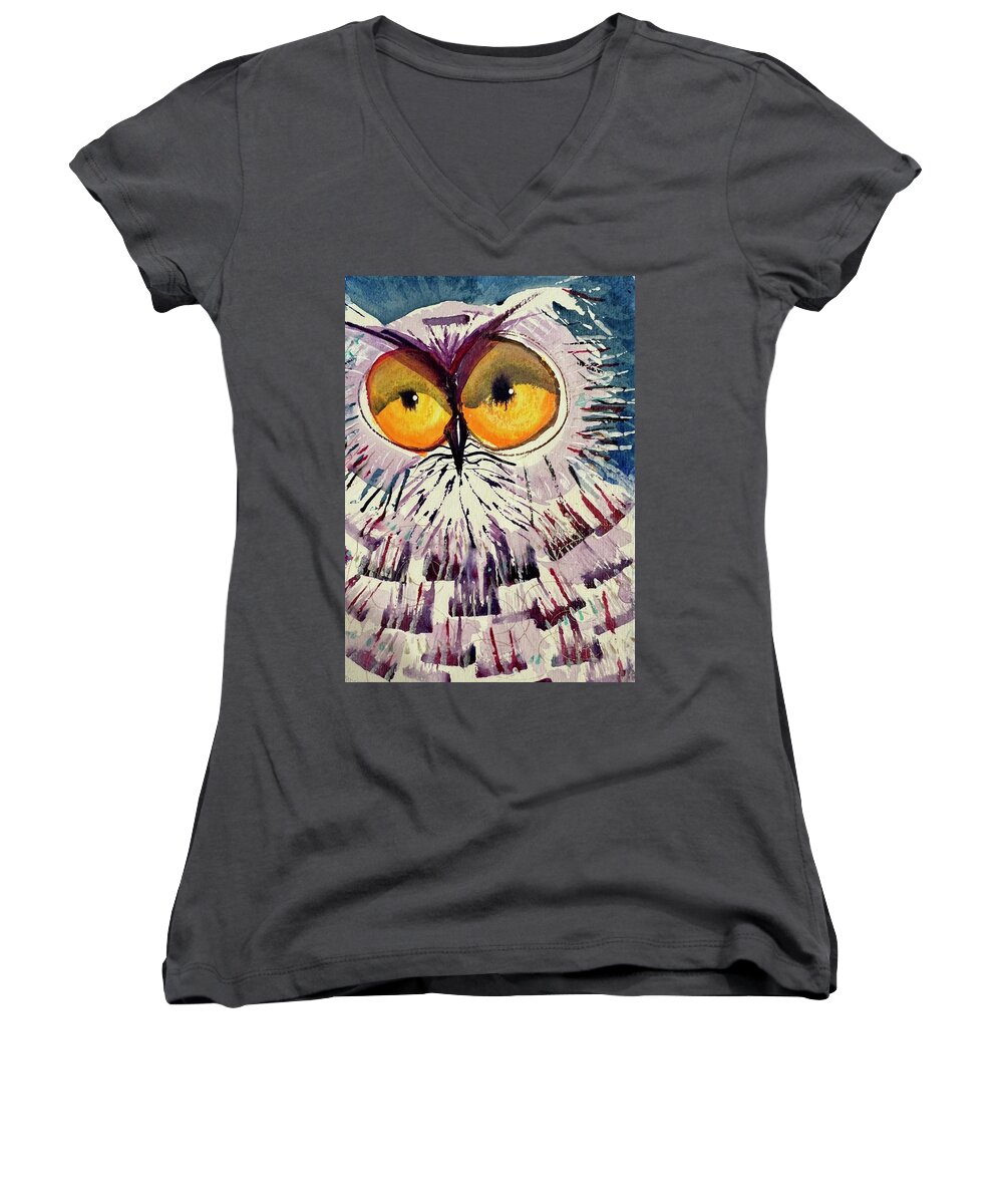 Owl Cute Modern Fun Happy Women's V-Neck featuring the painting Rough Night Owl by Laurel Bahe