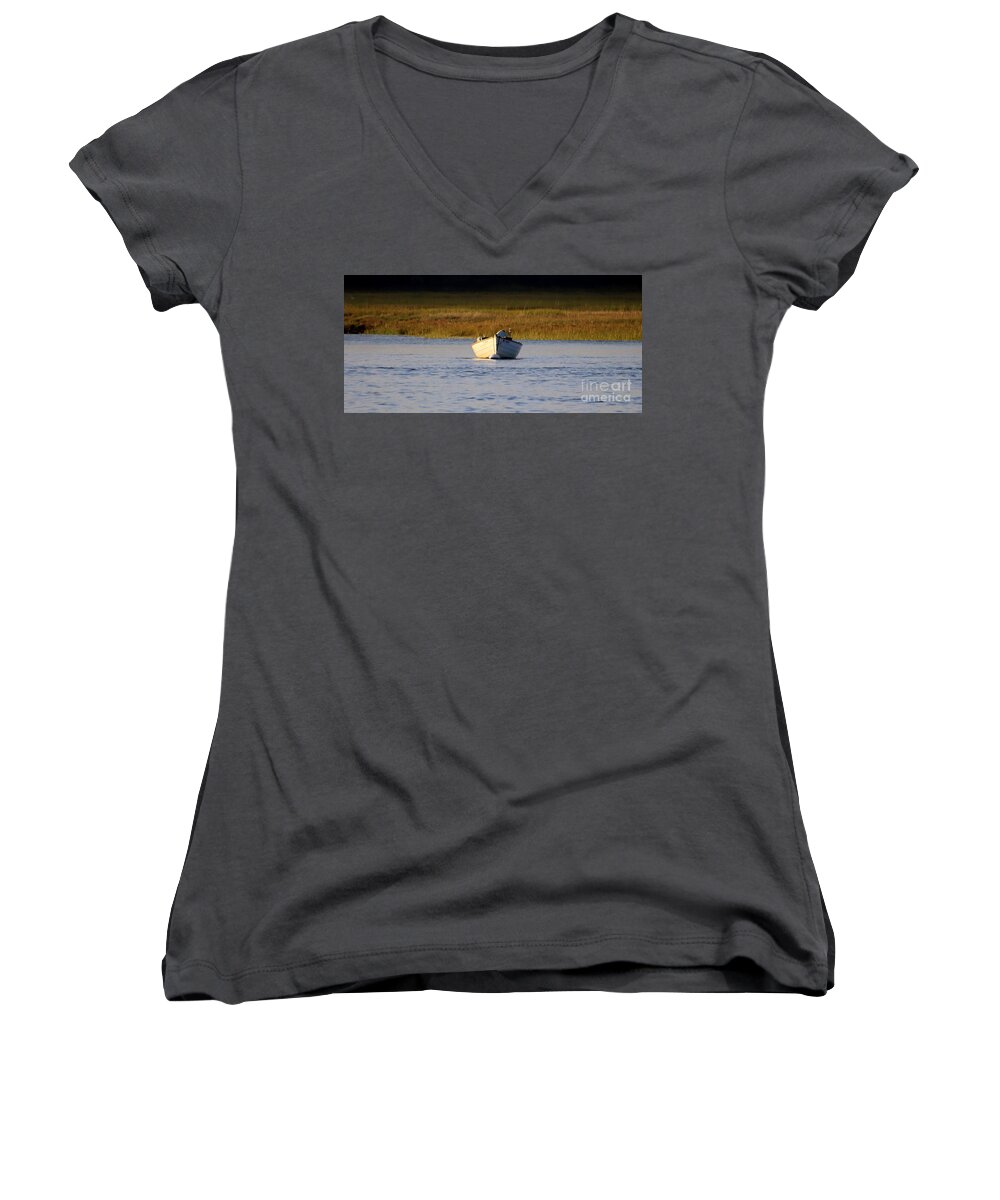 Photography Women's V-Neck featuring the photograph Rowboat in the inlet by Lennie Malvone