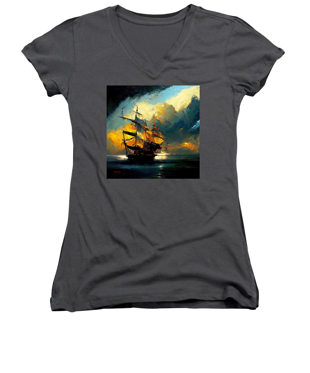 Sail Women's V-Neck featuring the painting Sailing at Sunset, 02 by AM FineArtPrints