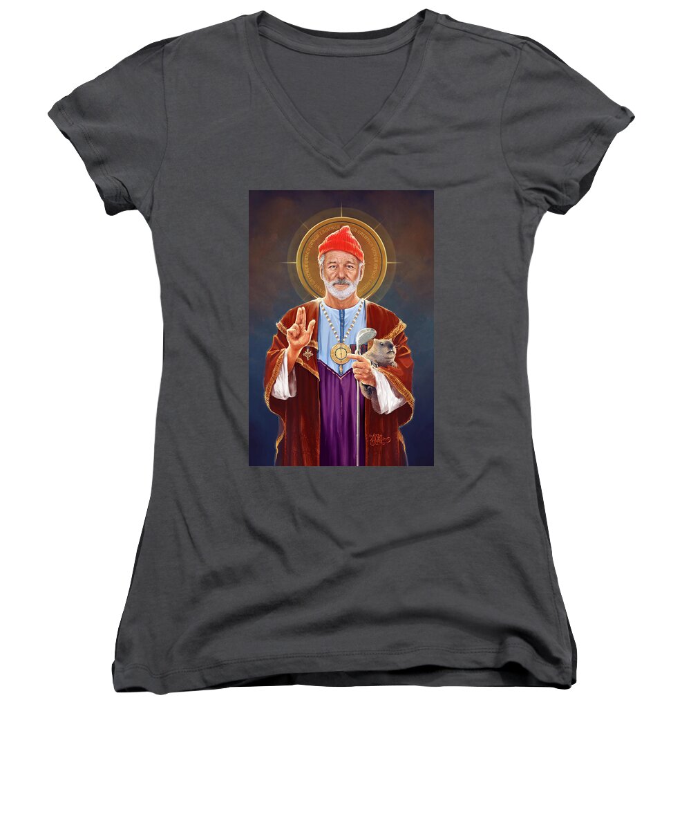 Bill Murray Women's V-Neck featuring the digital art Saint Bill of Murray - Bill Murray Saint Original Religious Painting by Vincent Carrozza