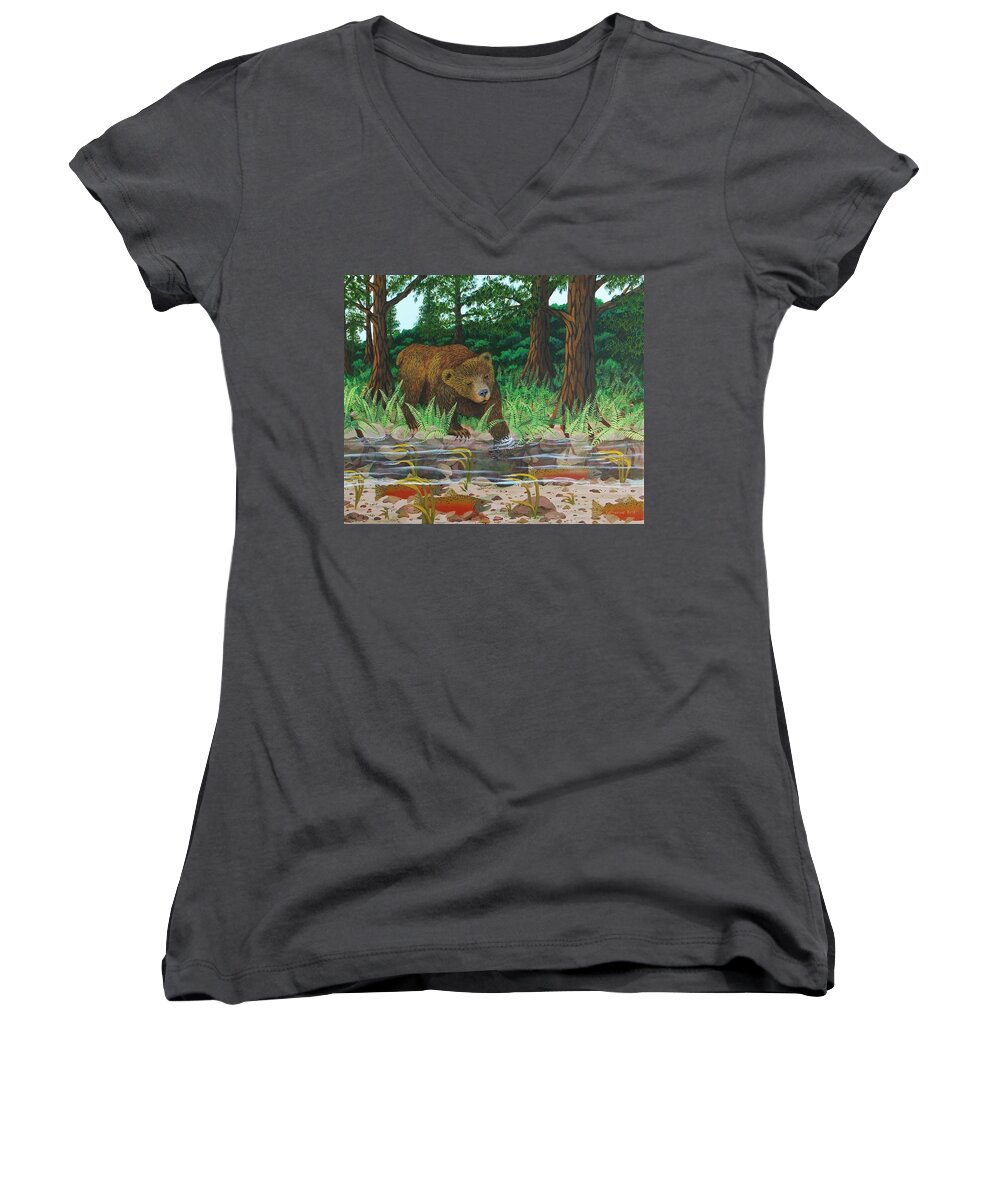 Print Women's V-Neck featuring the painting Salmon Fishing by Katherine Young-Beck