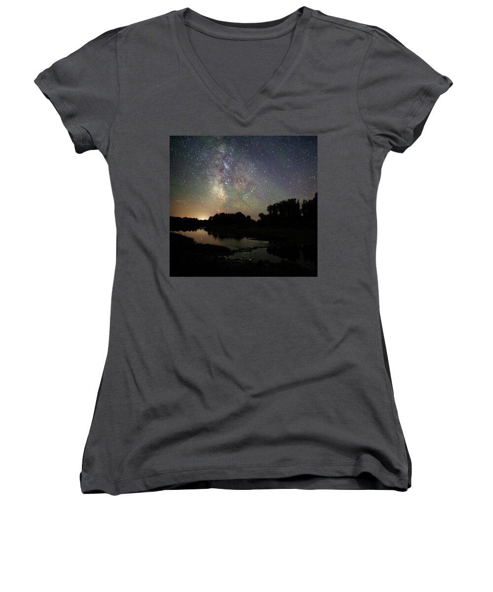 Astrophotography Women's V-Neck featuring the photograph Schwabacher's Landing at Night by Jean Clark