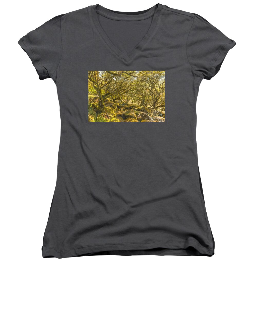 Wistmans Wood Women's V-Neck featuring the photograph Sessile oaks and moss in Wistman's Wood by Andrew Michael