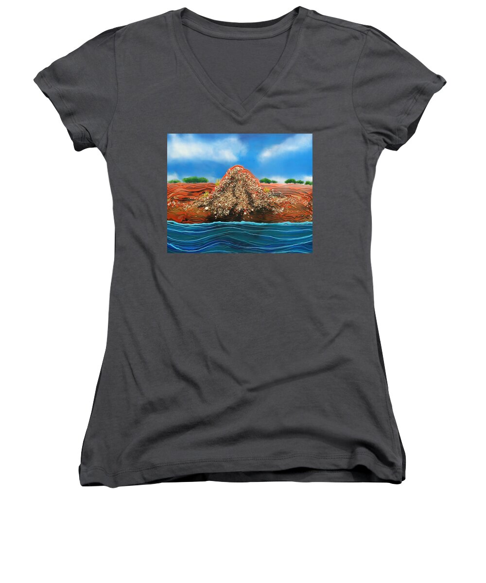 Shell Mound Women's V-Neck featuring the painting Shell Mound by Joan Stratton