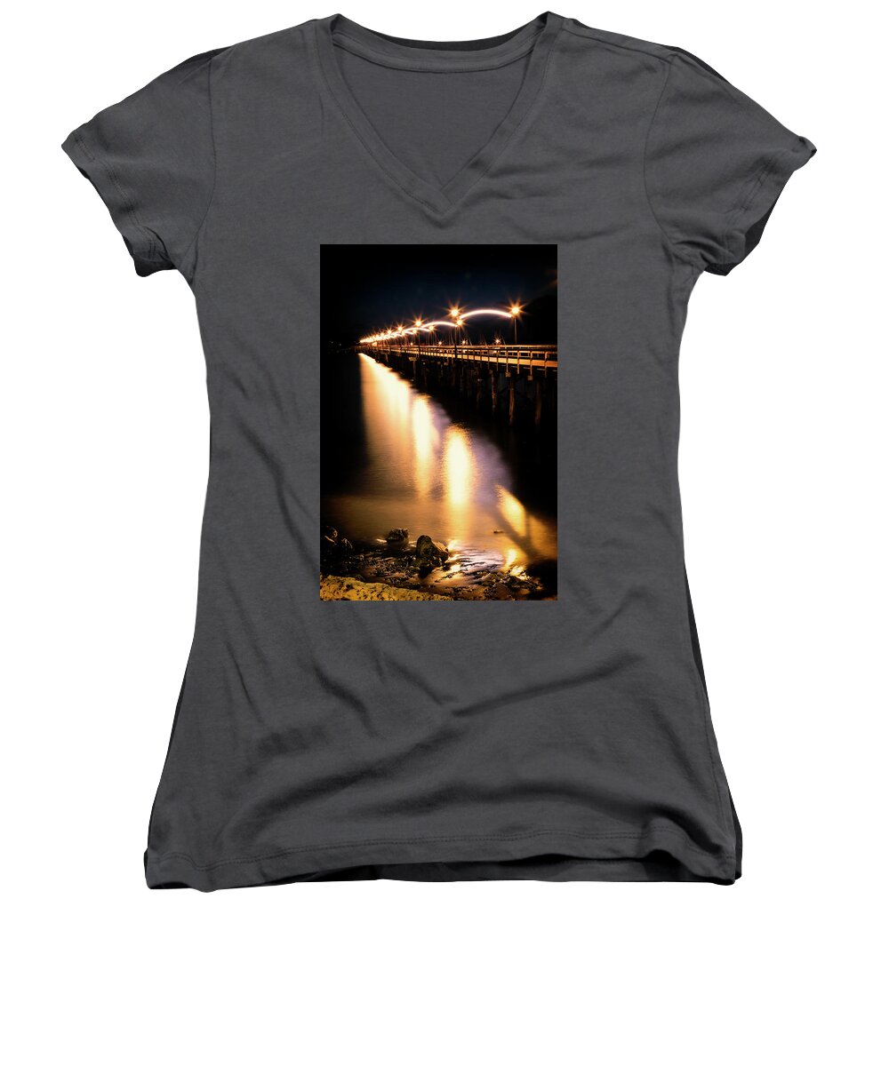Boardwalk Women's V-Neck featuring the photograph Shimmering Under the Boardwalk Vertical Frame by Monte Arnold