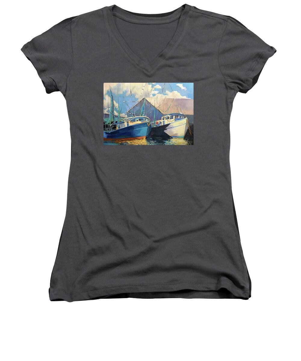 Shrimp Boats Women's V-Neck featuring the painting Shrimp Boats by Chris Gholson