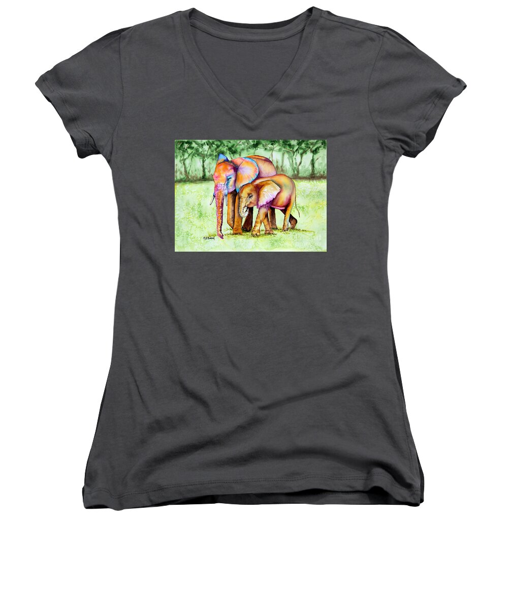 Elephants Women's V-Neck featuring the painting Side by Side by Maria Barry