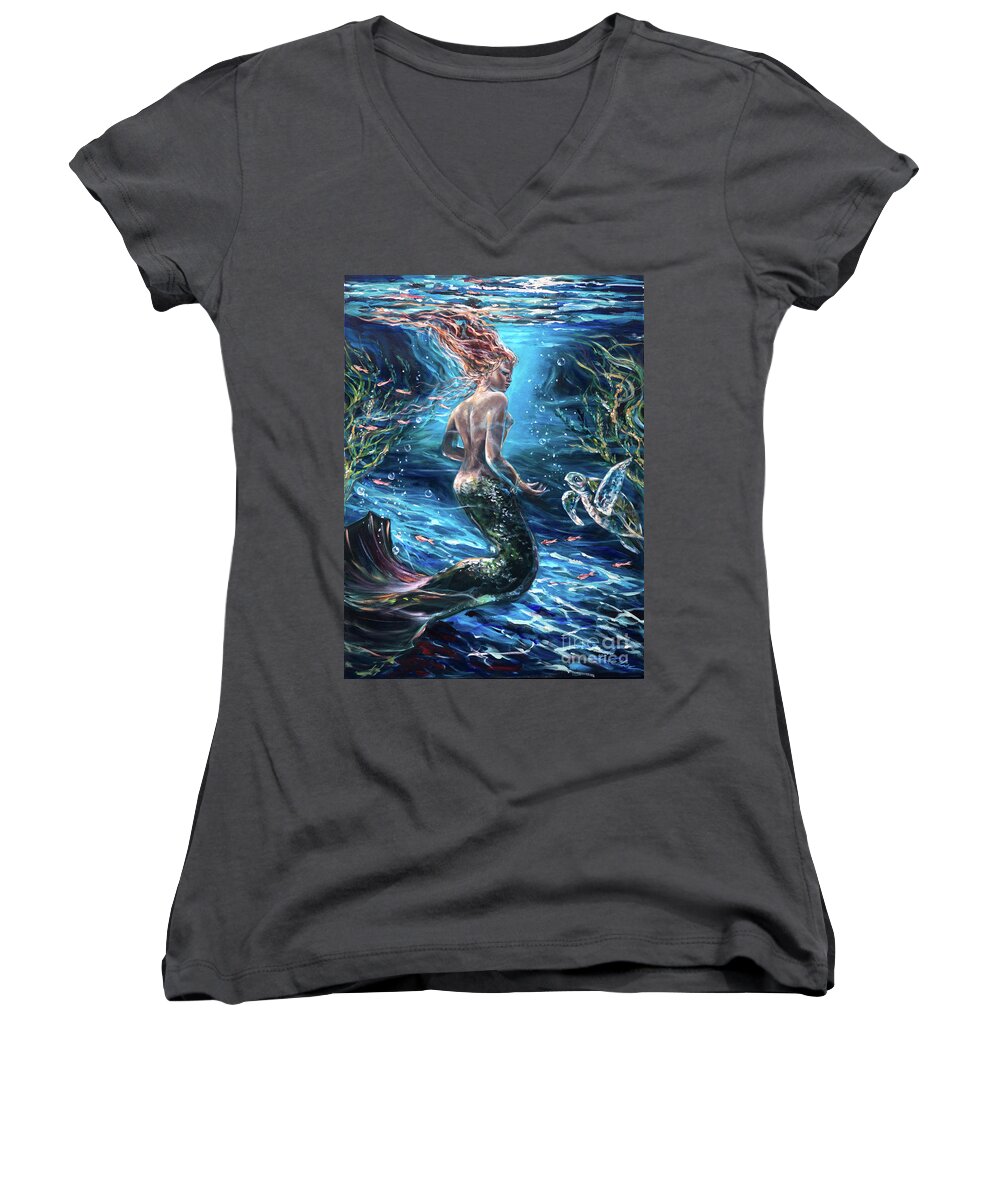 Mermaid Women's V-Neck featuring the painting Silent Conversation by Linda Olsen