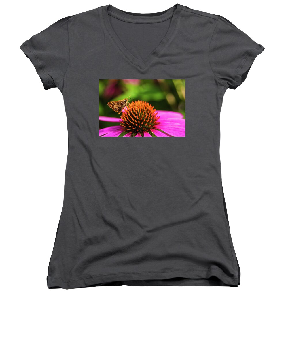 Skipper Women's V-Neck featuring the photograph Skipper Butterfly Eating Nectar by Jeanette Fellows