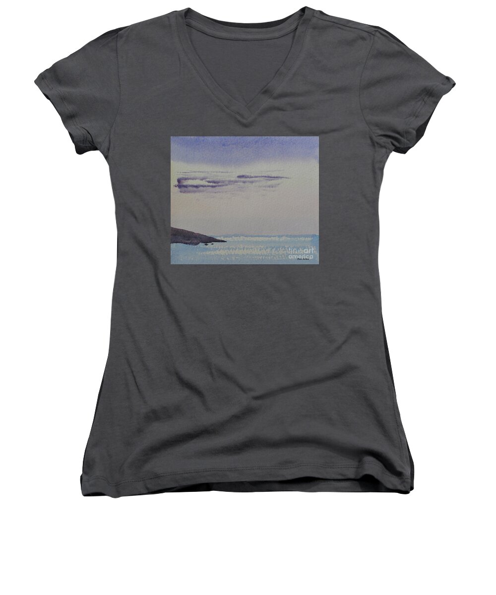 Watercolor Women's V-Neck featuring the painting Sky Over Land's End by Mini Arora