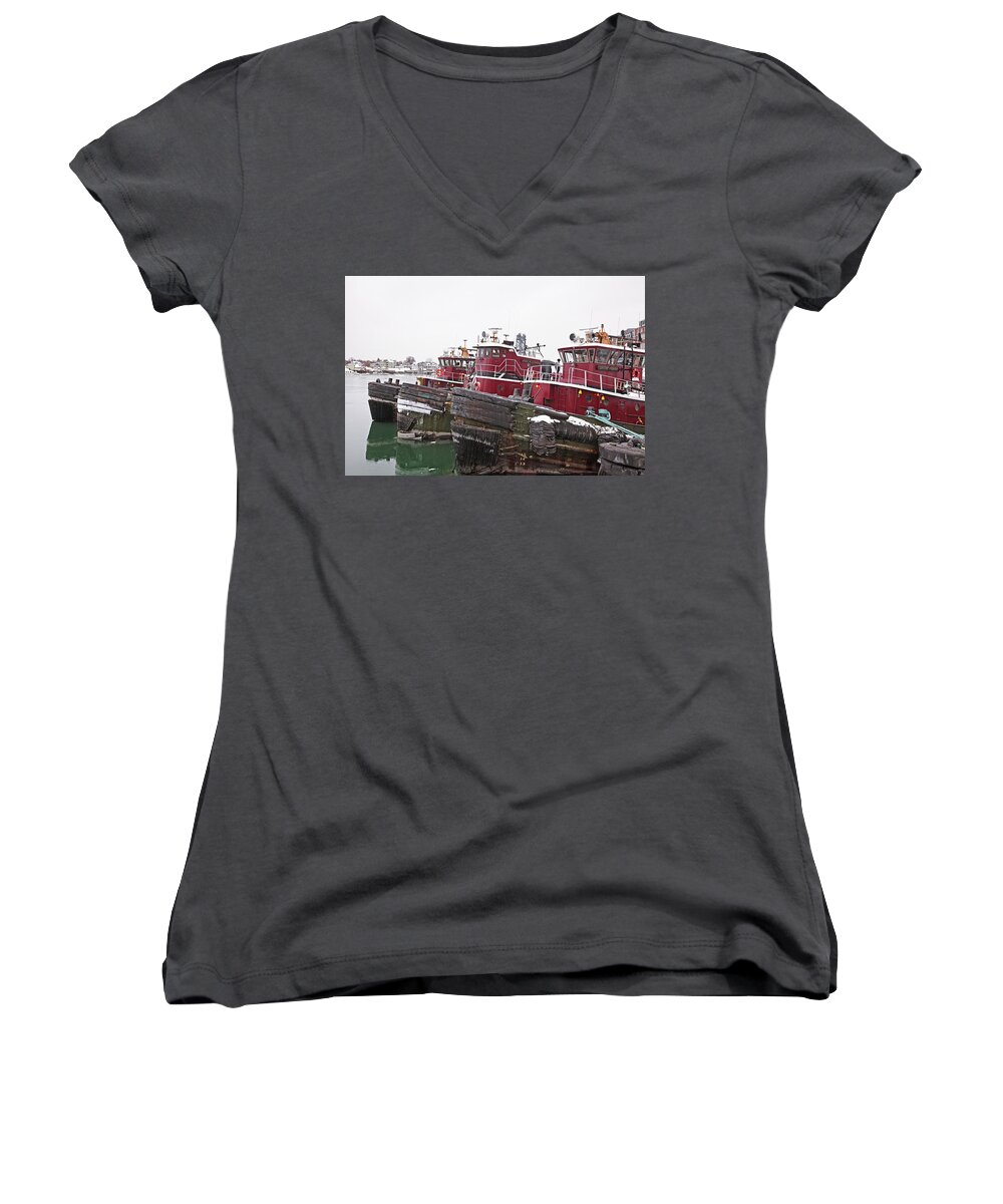 Tug Women's V-Neck featuring the photograph Snow Covered Tugs by Eric Gendron