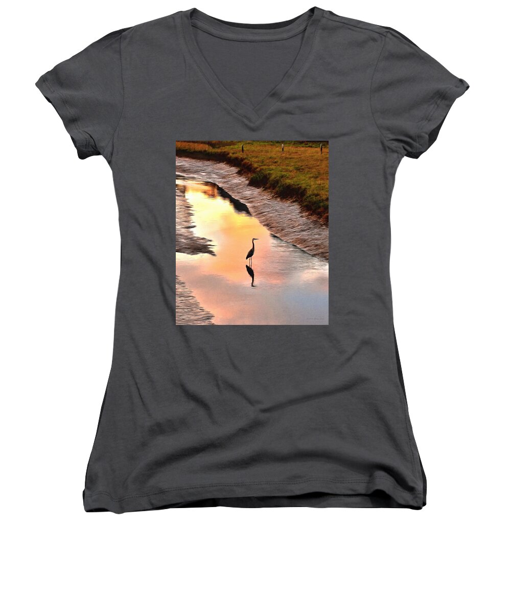 Great Blue Heron Women's V-Neck featuring the photograph Solitude by Brian Tada