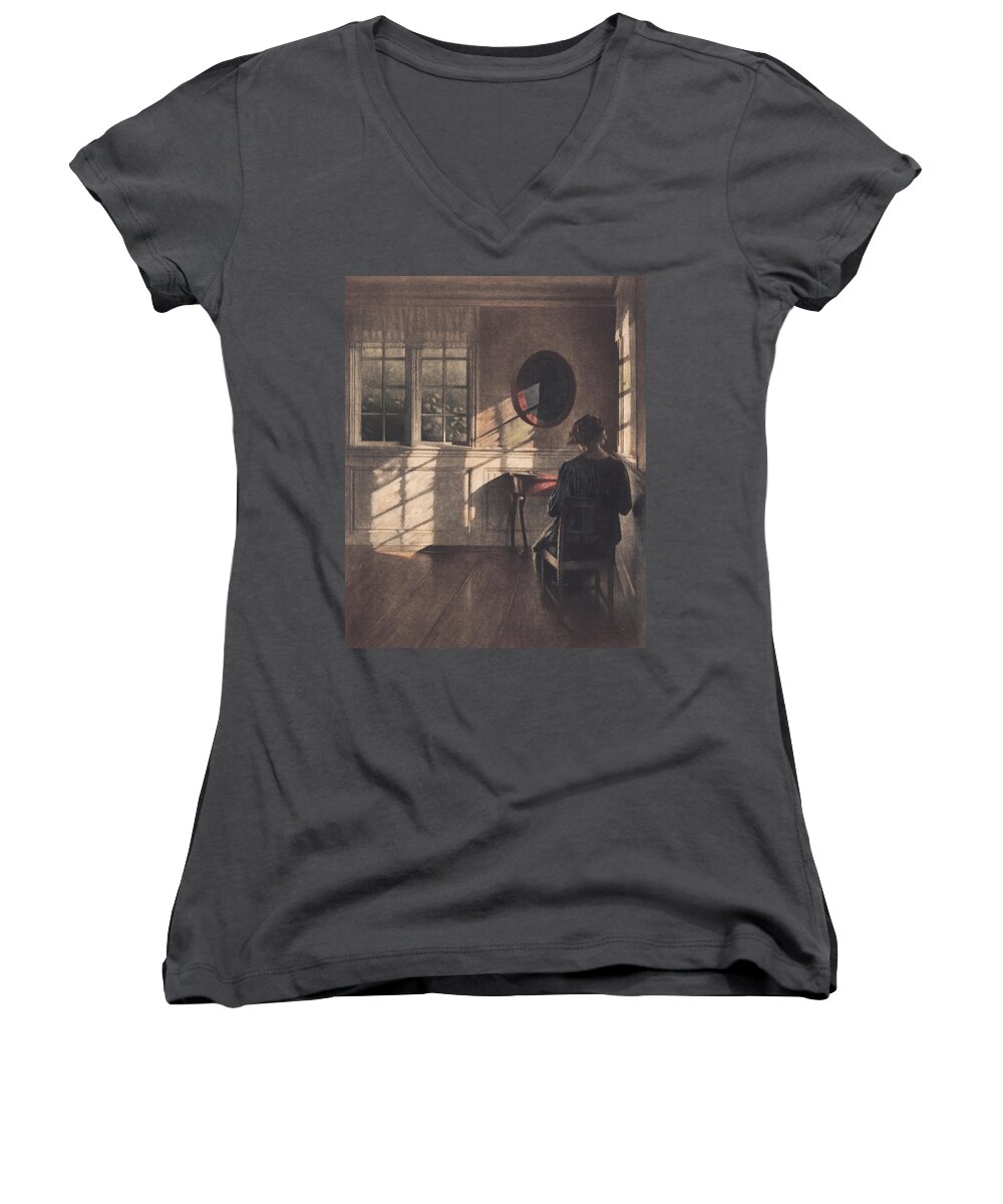 Danish Women's V-Neck featuring the drawing Solskin art by Peter Ilsted Danish