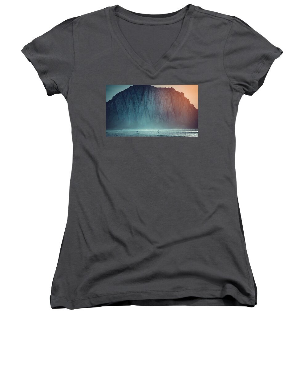 Backgrounds Women's V-Neck featuring the photograph Some kids played surfing on beach brought more vibrant into the scene - surfer on body of water near sea cliff during daytime - morro rock by Julien