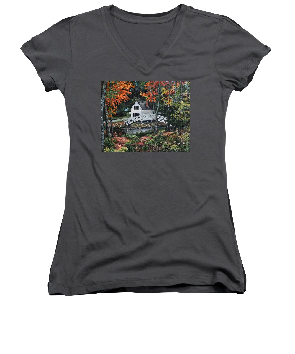 Maine Women's V-Neck featuring the painting Somesville Maine Footbridge by Eileen Patten Oliver