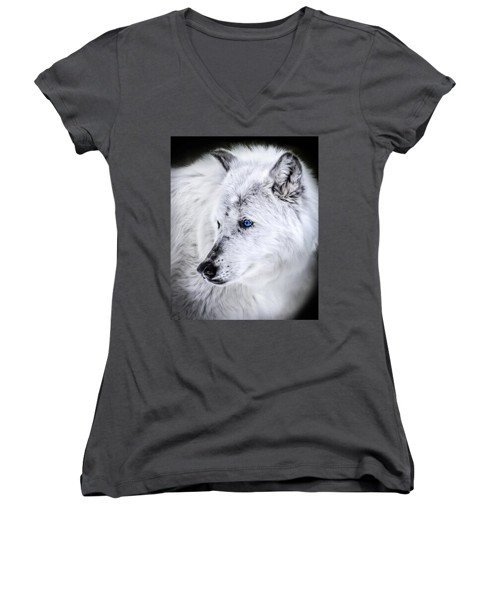 White Wolf Women's V-Neck featuring the photograph Spirit Of The Wolf by Karen Wiles