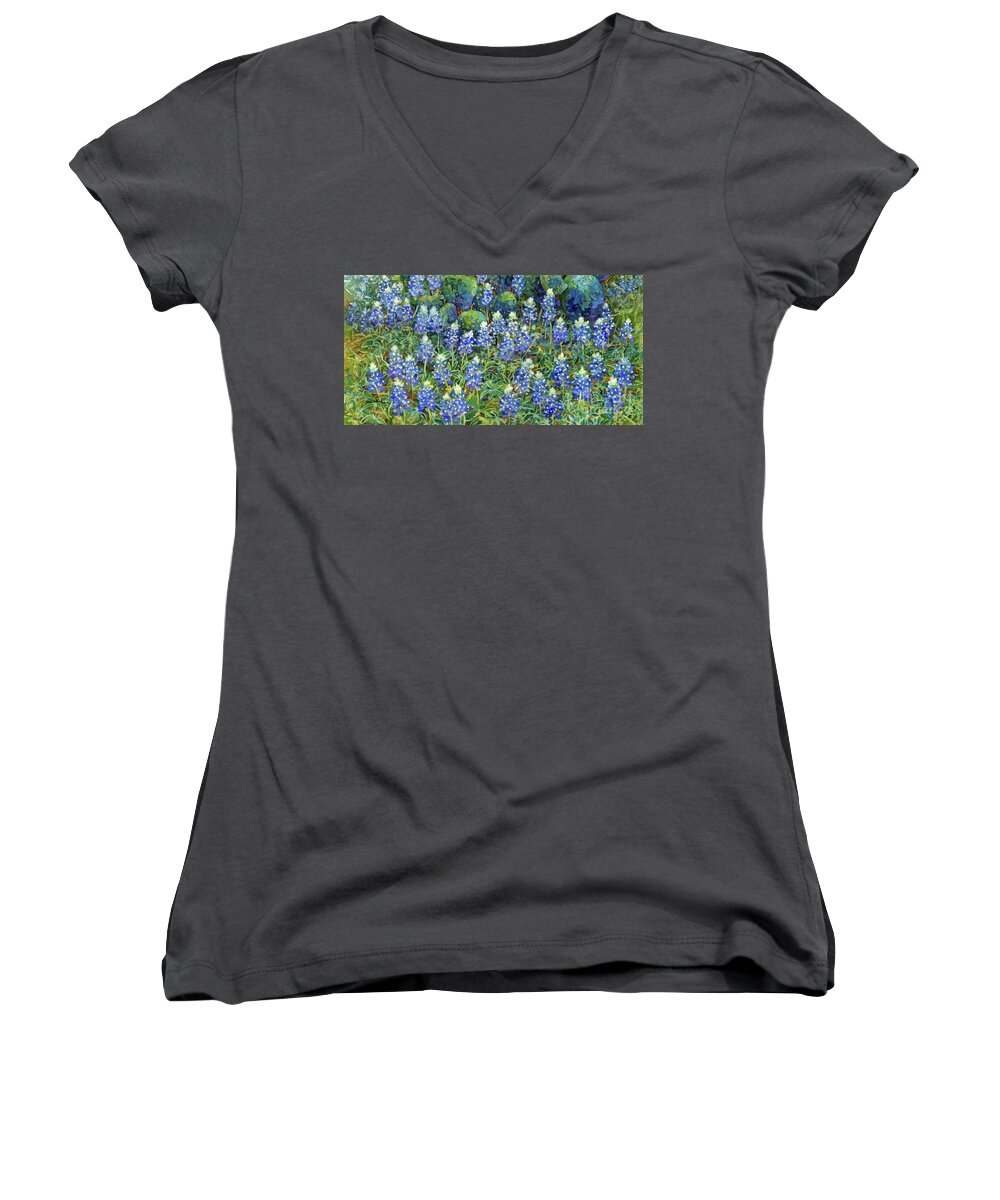 Cactus Women's V-Neck featuring the painting Spring Blues - Bluebonnets by Hailey E Herrera