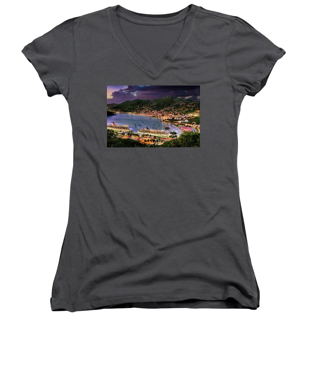 Hdr Women's V-Neck featuring the photograph St Thomas Nights by Gary Felton