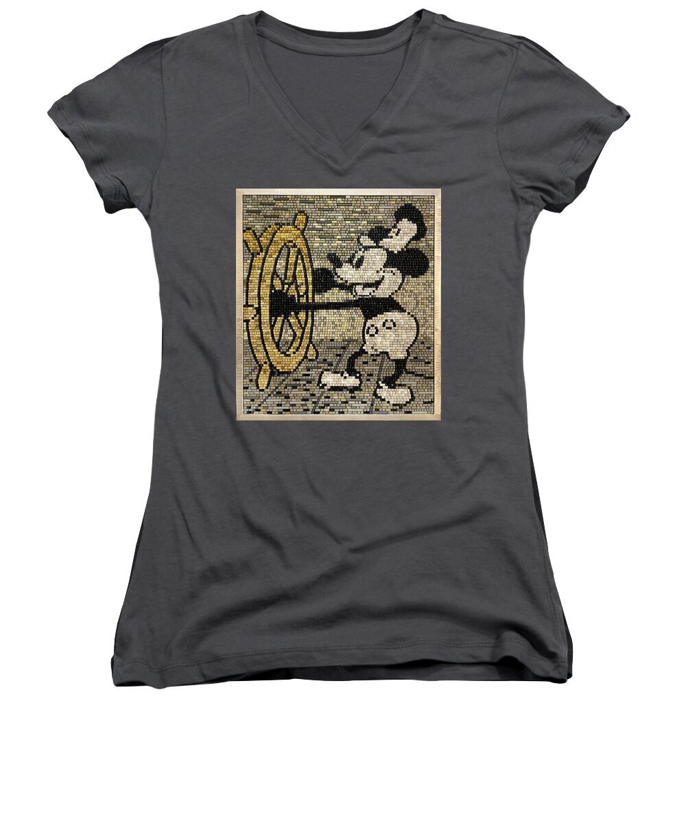 Mickey Mouse Women's V-Neck featuring the mixed media Steamboat Willie by Doug Powell