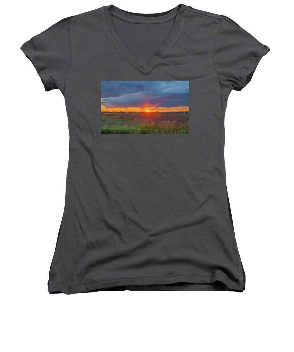 Sunset Women's V-Neck featuring the photograph Summer Sunset on the Farm, Textured by Marcy Wielfaert