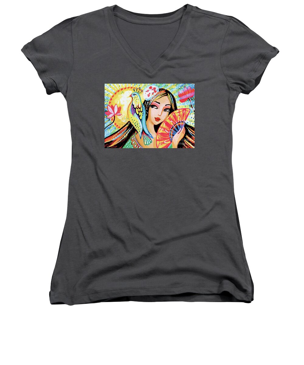 Kimono Woman Women's V-Neck featuring the painting Sun Rise by Eva Campbell