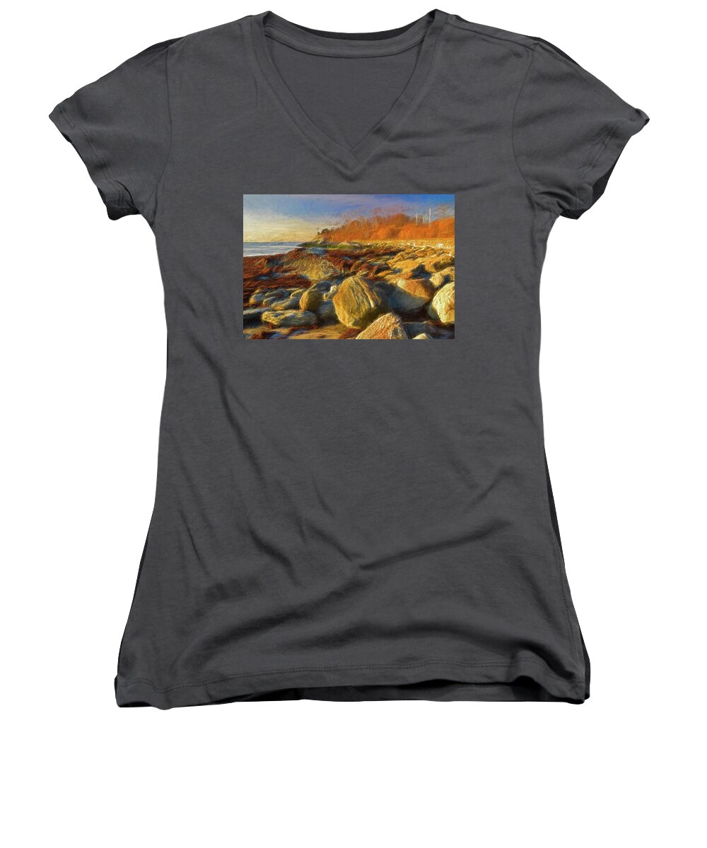 Rocks Women's V-Neck featuring the photograph Sun, Rocks, and Sachuest Beach by Nancy De Flon