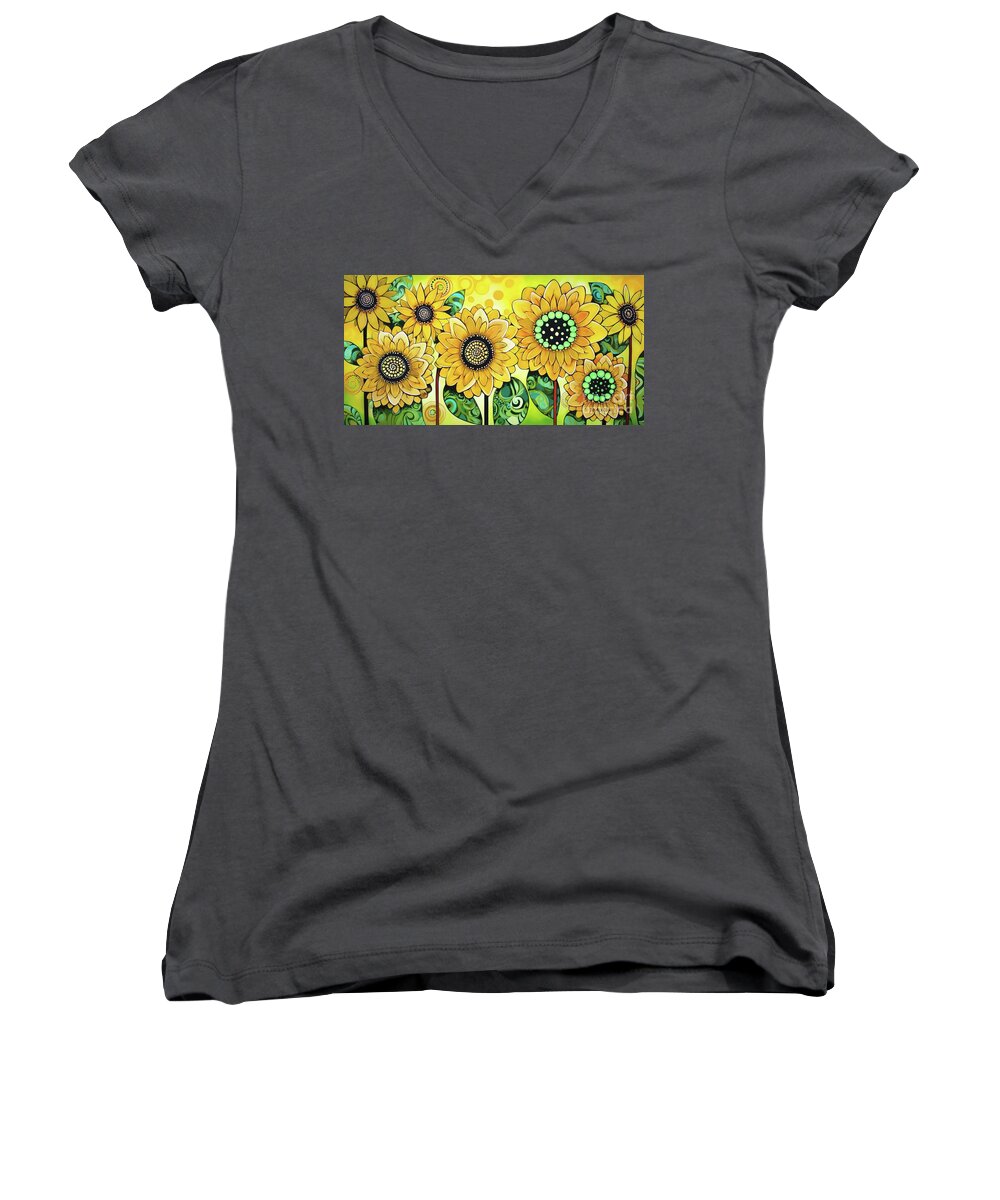 Sunflowers Women's V-Neck featuring the painting Sunflower Garden by Tina LeCour