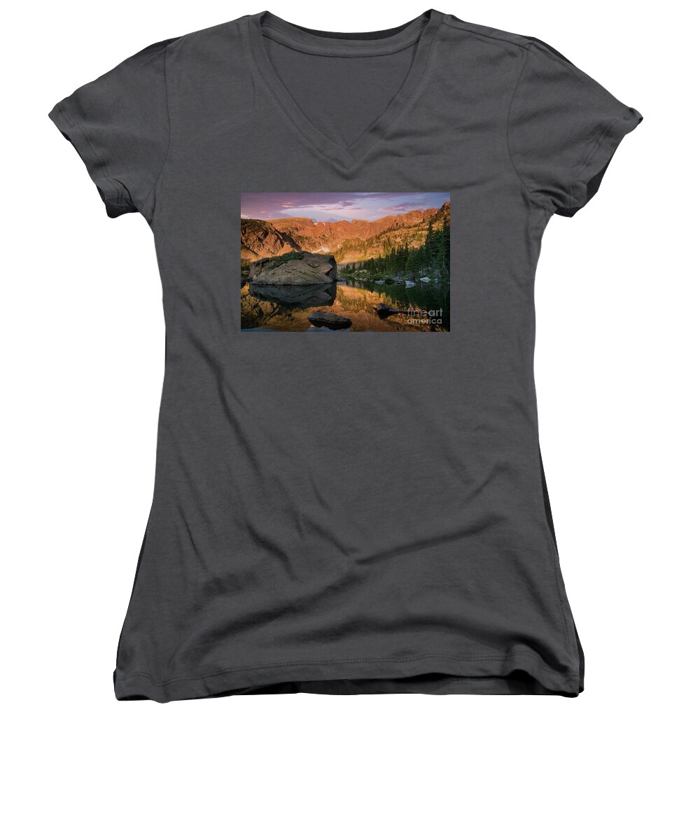 Indian Peaks Wilderness Women's V-Neck featuring the photograph Sunrise at Forest Lake Colorado by Keith Kapple