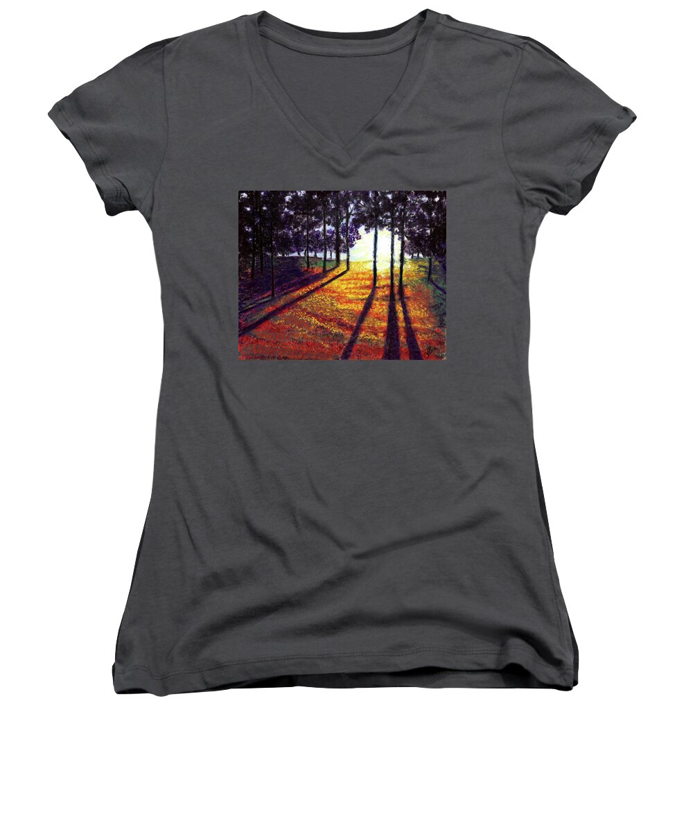Sunrise Women's V-Neck featuring the painting Sunrise in Boothbay Harbor by Lisa Crisman