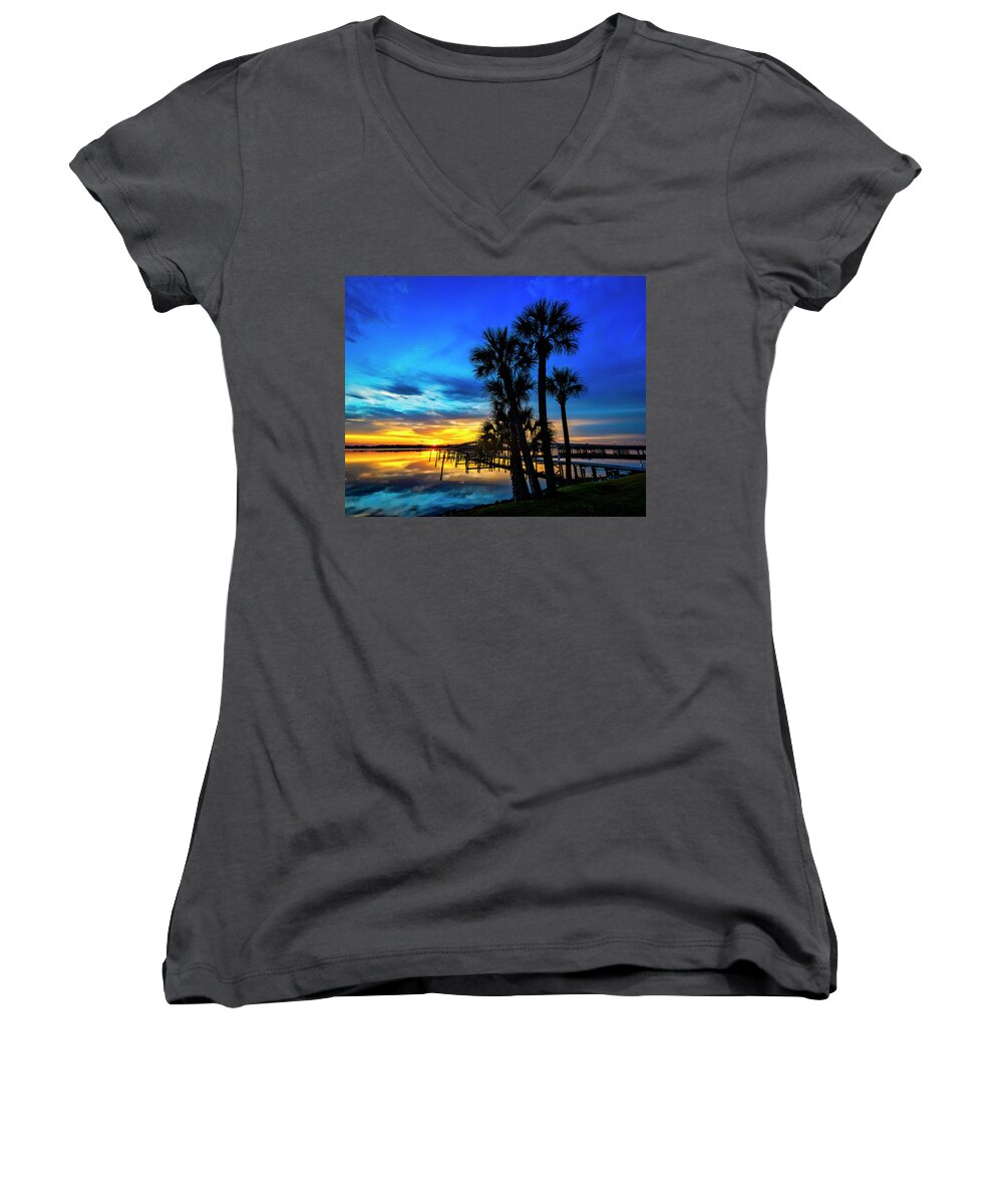 Florida Women's V-Neck featuring the photograph Sunrise on the St. Johns River by Andy Crawford