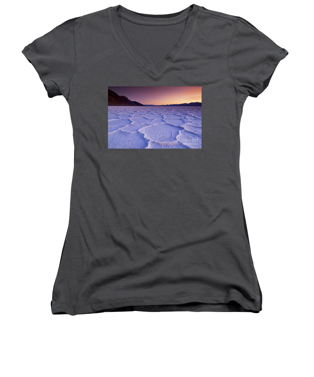 Death Valley National Park Women's V-Neck featuring the photograph Sunset at Badwater Basin salt pans, Death Valley, California, USA by Neale And Judith Clark