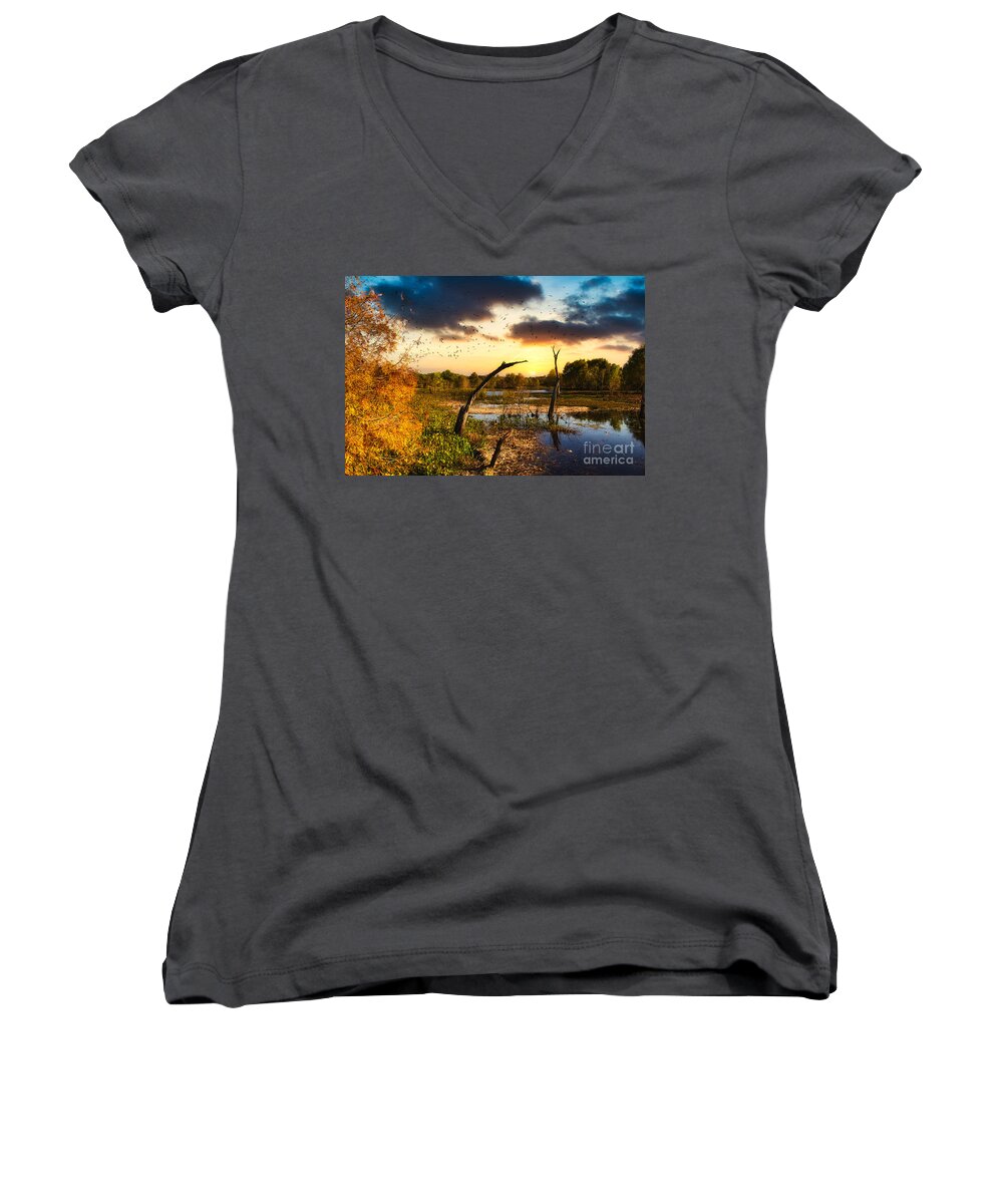 Birds Women's V-Neck featuring the photograph Sunset Flock by JB Thomas