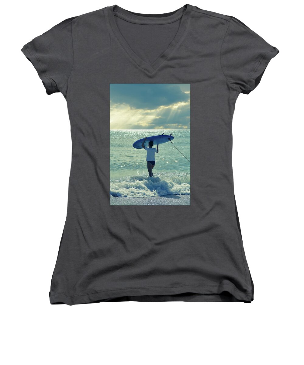Surfer Women's V-Neck featuring the photograph Surfer Girl by Laura Fasulo
