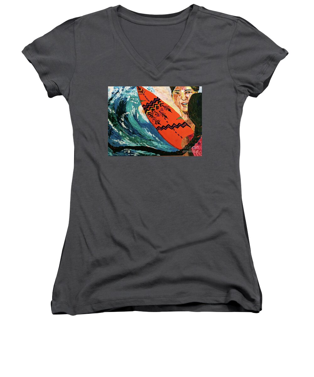 Surfing Women's V-Neck featuring the painting Surfing Kaur by Sarabjit Singh