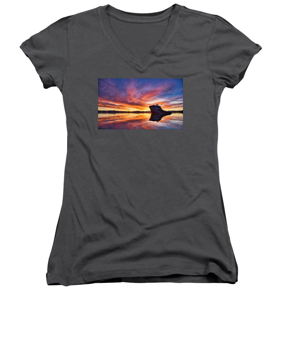 Lake Women's V-Neck featuring the photograph Tahoe Sunset Silhouette by Martin Gollery