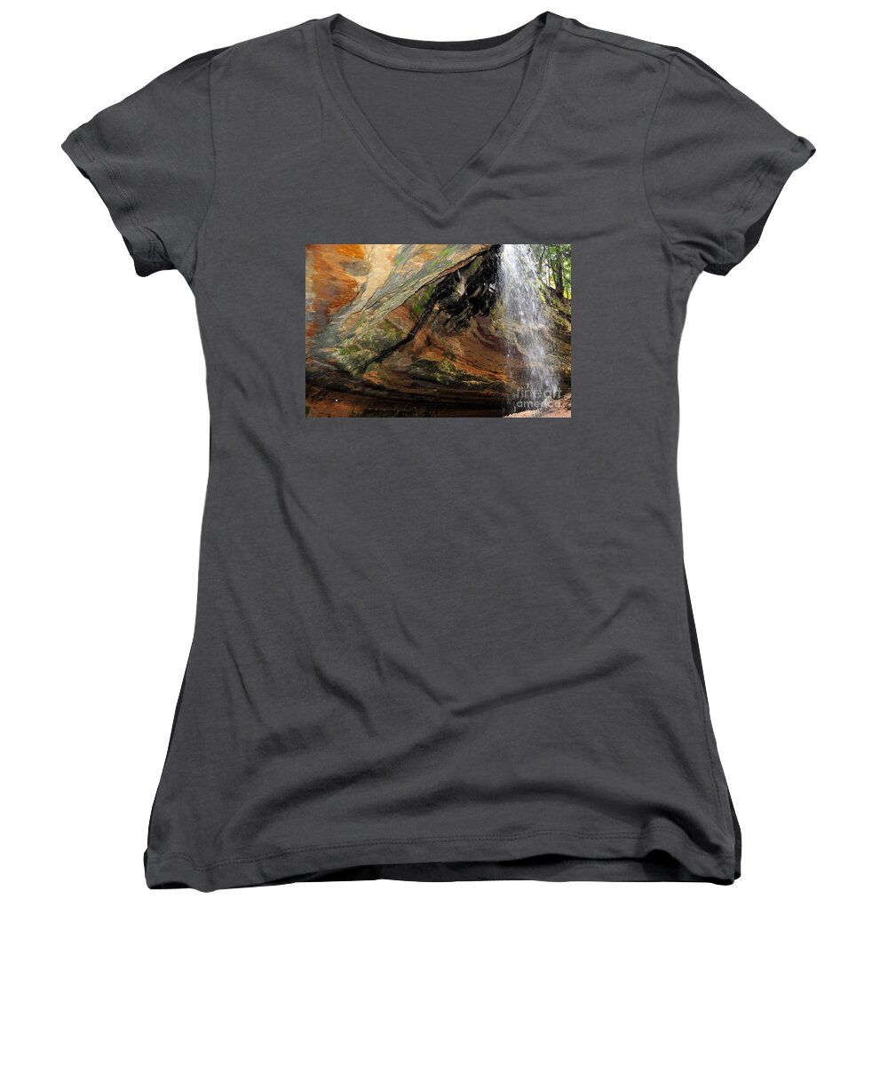 Cave Women's V-Neck featuring the photograph The Cave Under Tannery Falls by Terri Gostola