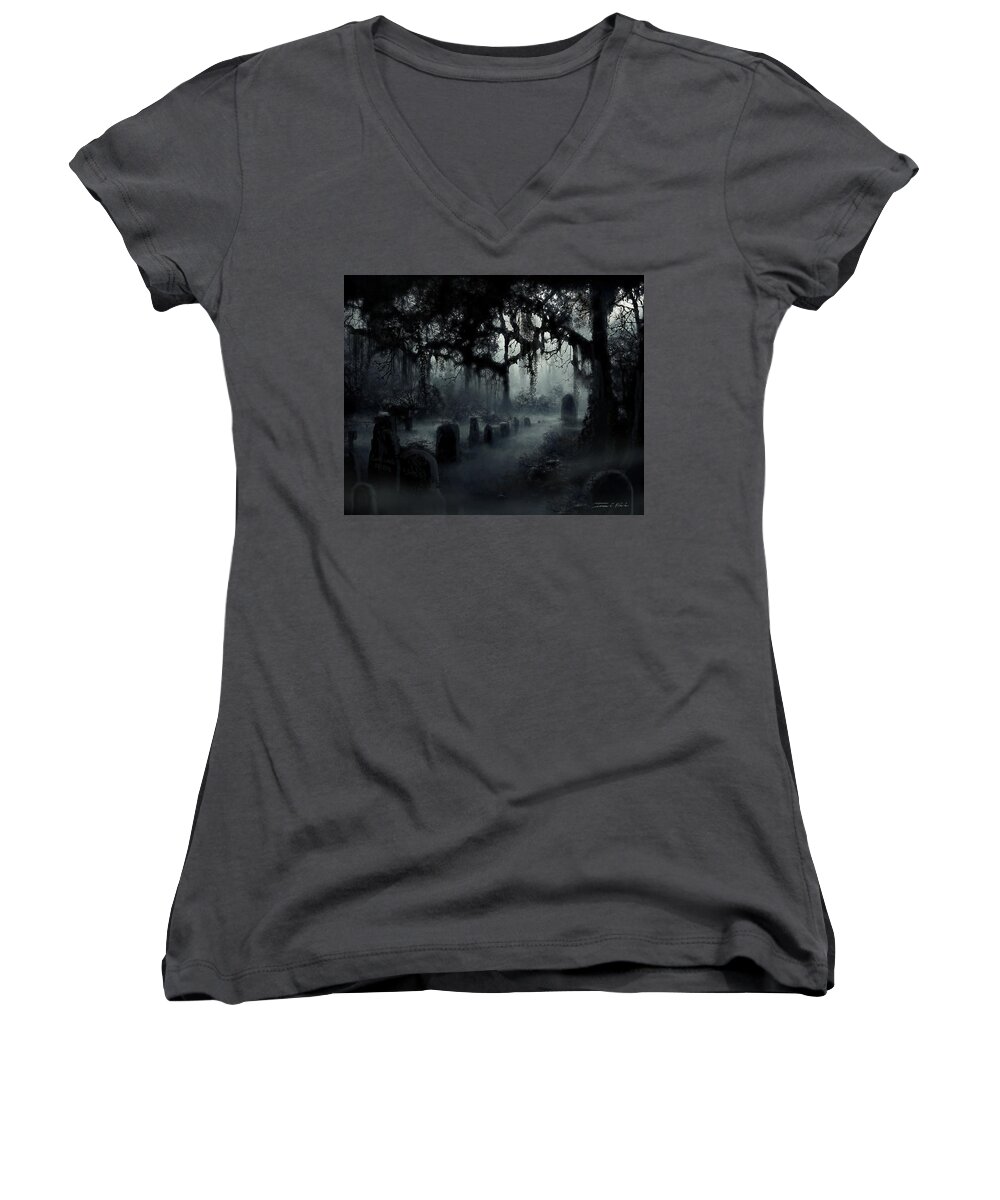 Horror Women's V-Neck featuring the painting The Abandoned Cemetery Number 1 by James Hill