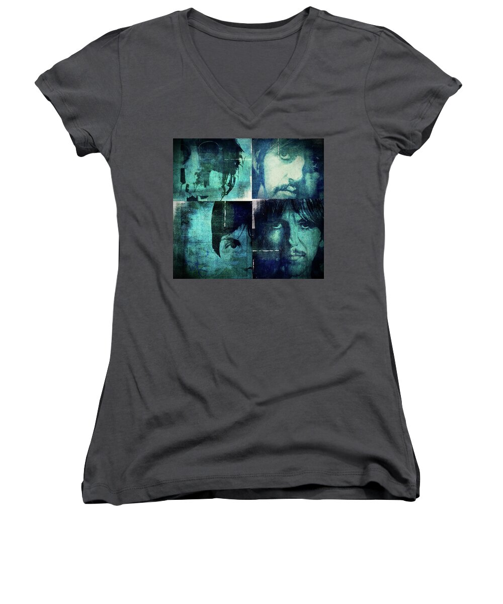 The Beatles Women's V-Neck featuring the mixed media The Beatles - John - Ringo - Paul - George by Paul Lovering